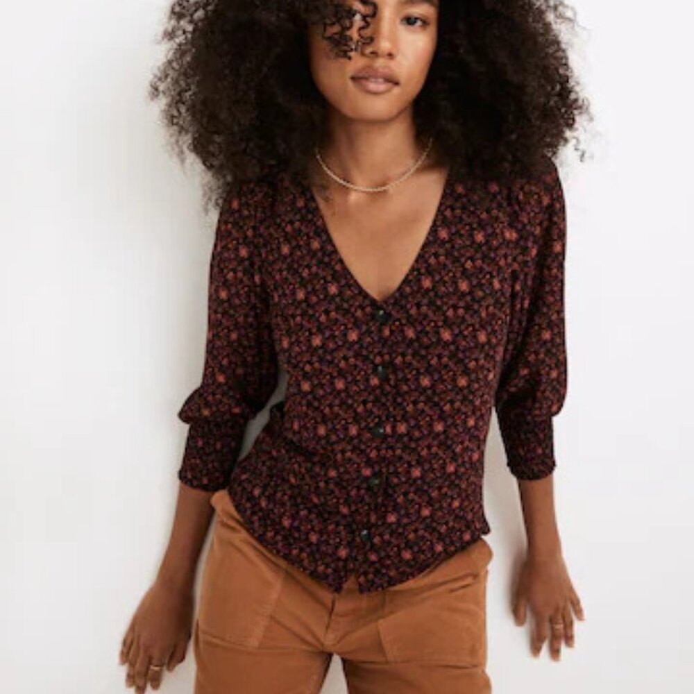 Madewell Pink Purple Floral Georgette Smocked Button Front Top